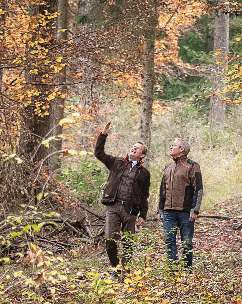 The image of the forest manager as someone who walks through the forest, merely “in tune” with the woods, is well out of date, according to Michael Prince of Baden (left) and Dr. Tim Gegg. These days, the job is more like that of a production manager.