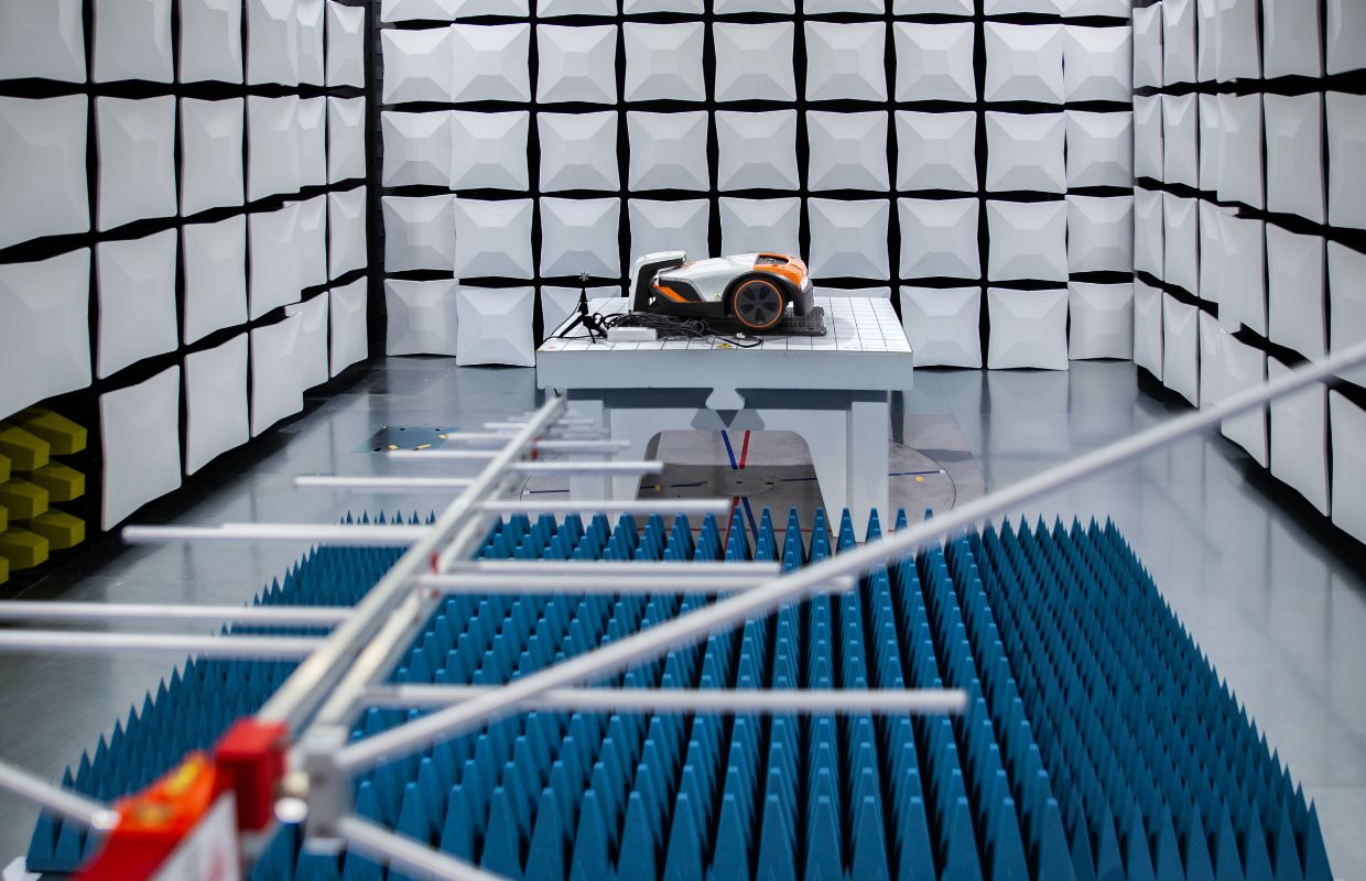 View of the sound measurement room and a robotic lawnmower (iMOW).