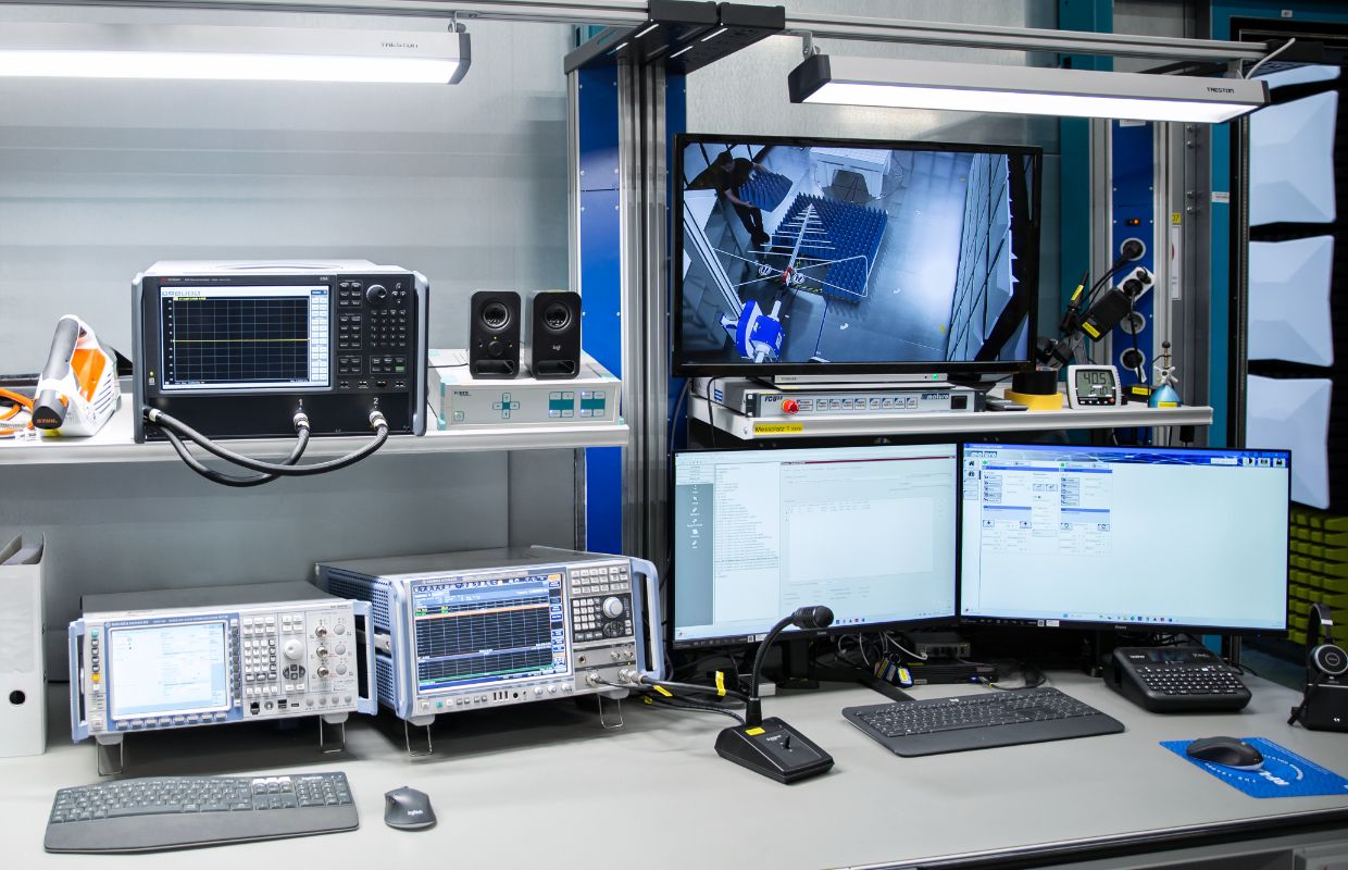 View of a workstation with measuring devices and computers.
