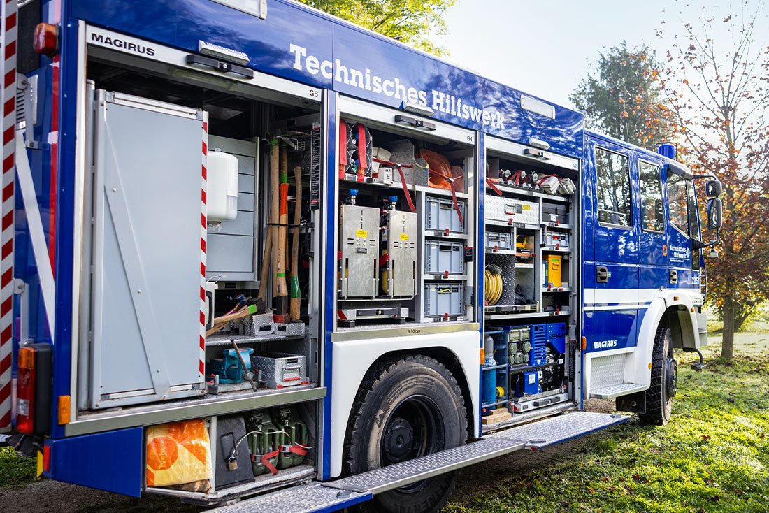 A look inside the equipment lorry. The equipment is precisely organised.